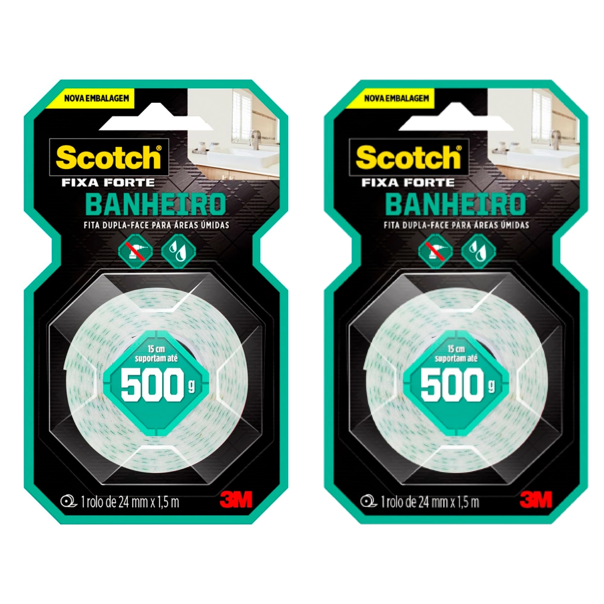 Kit 2 Fita Dupla Face 3m Fixa Forte Banheiro 24mm X 1,5m Áreas Úmida