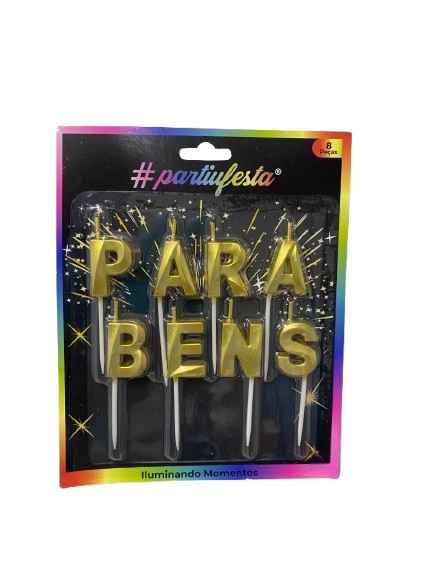 Vela Parabens Design Dourado 3cm C/8pcs Partiu Festa
