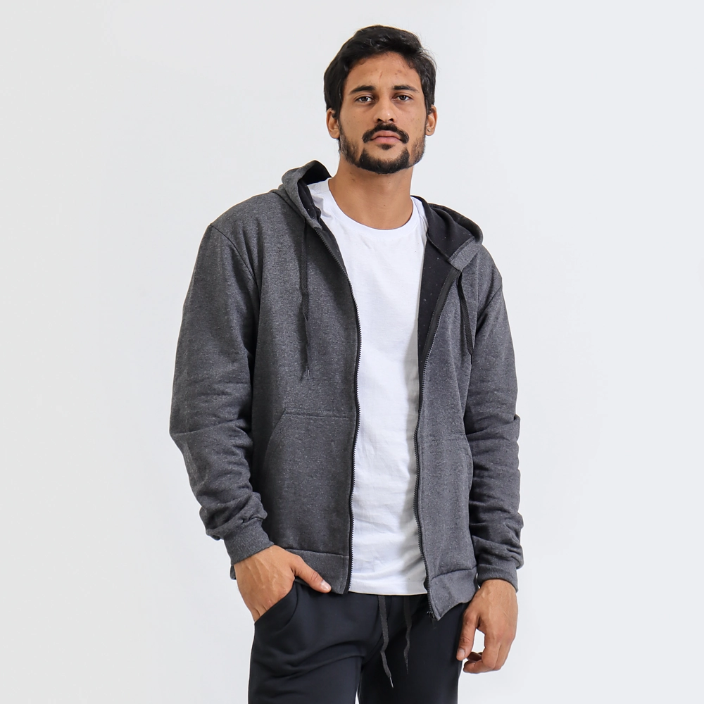 Blusa De Moletinho Cangurú Com Zíper Cor Grafite Tamanho P
