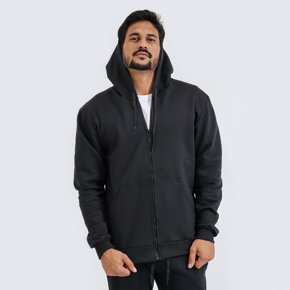 Blusa De Moletinho Cangurú Com Zíper Cor Preto Tamanho M