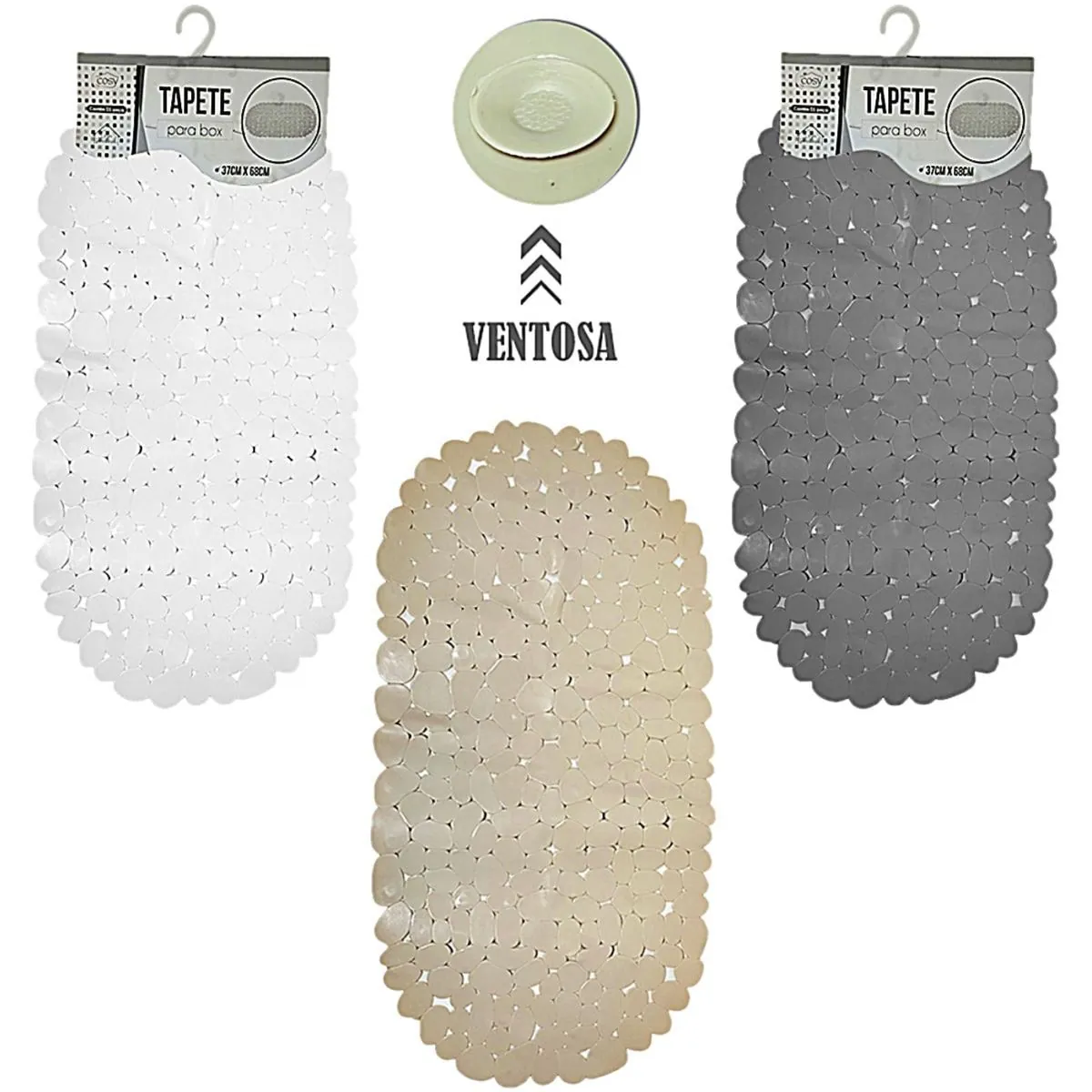 Tapete De Pvc Oval P/banheiro C/ventosa Pedras 64x34cm
