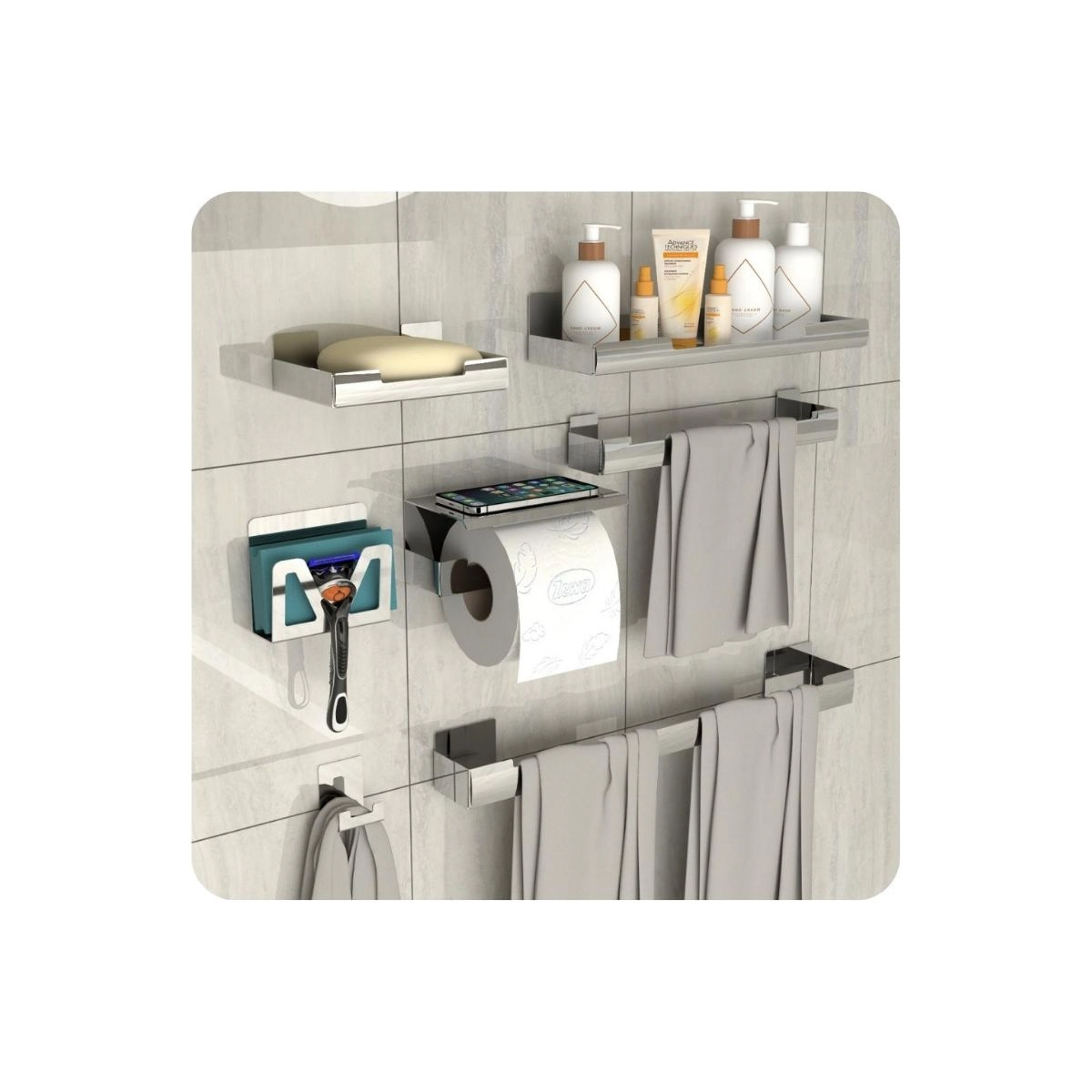 Kit De Acessórios Para Banheiro Inox Com Adesivo 7 Pcs Elg