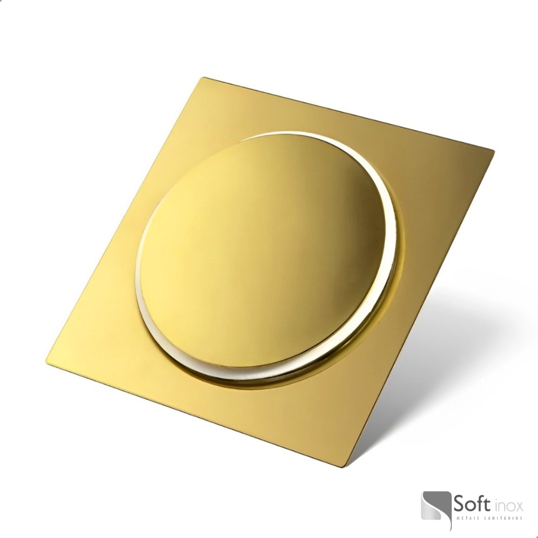 Ralo Click Inteligente de Banheiro 15x15 Cm Anti-inseto e Anti-odor Quadrado Aço Inox Dourado Gold - Soft Inox
