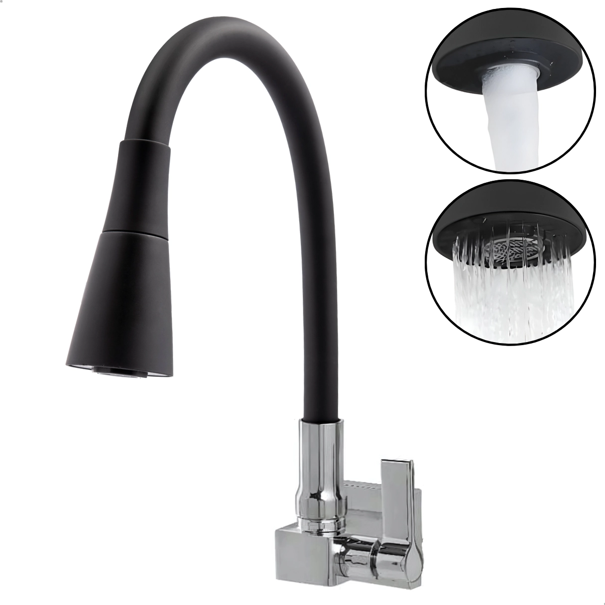 Torneira Cozinha Flexível Quadrada Parede Cone Preto 2 Jatos
