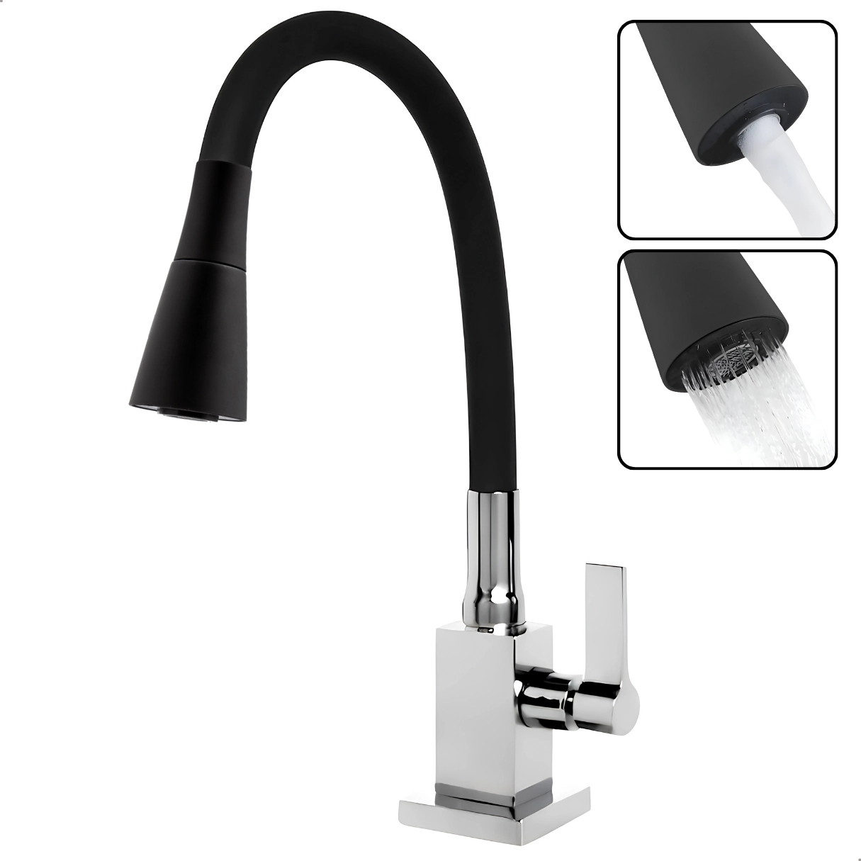 Torneira Cozinha Flexível Quadrada Bancada Cone Preto 2 Jatos em Metal