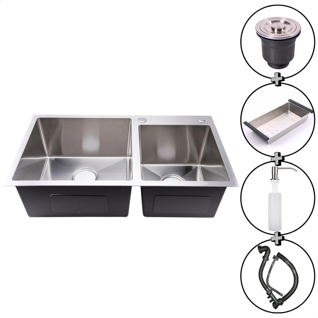 Cuba Dupla Aço Inoxidável Luxo Square Escovada 78cm x 43cm C/ Válvulas