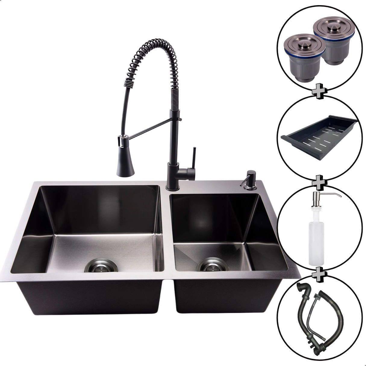 Cuba Dupla Cozinha Gourmet Preta Inox + Torneira Monocomando Preta