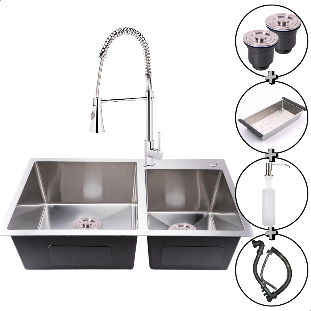 Cuba Cozinha Pia Dupla Inox Escovada E Torneira Monocomando