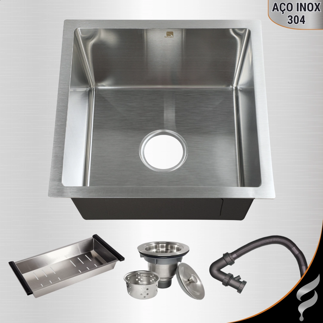 Cuba Cozinha Pia Gourmet Escovada Luxo Aço Inox 304 Quadrada 44x44cm com Acessórios