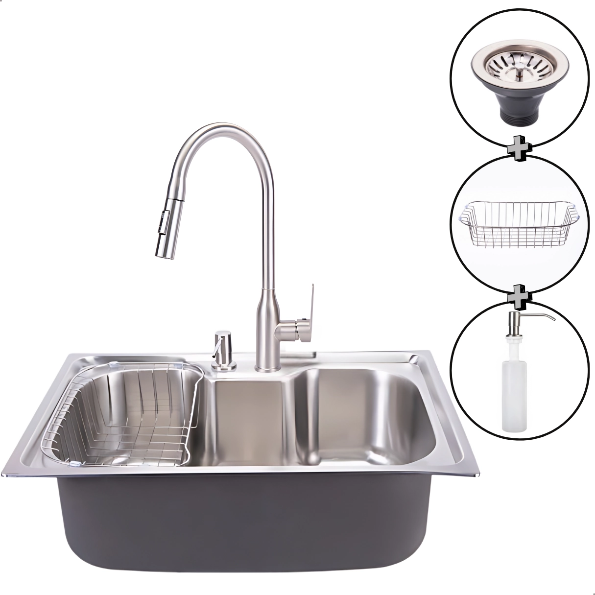 Kit Cuba Pia Cozinha Gourmet Aço Inox 60x40 C/ Torneira Escovada Monocomando e Acessórios