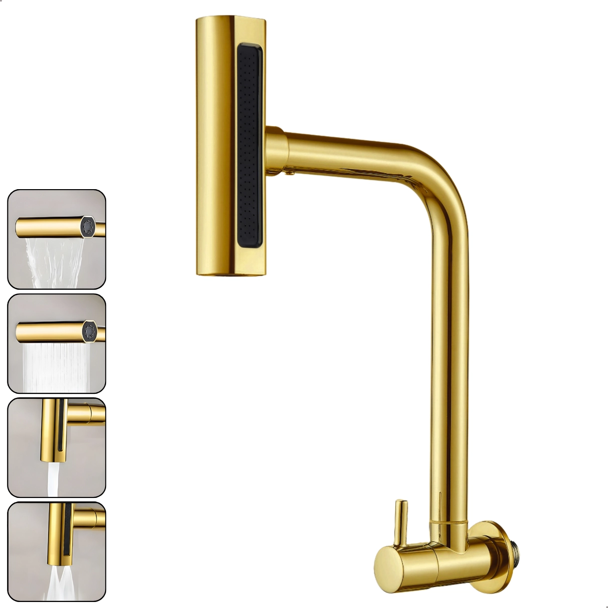 Torneira Gourmet 4 Jatos Rotativa Cozinha Parede em Metal Multifuncional Dourada