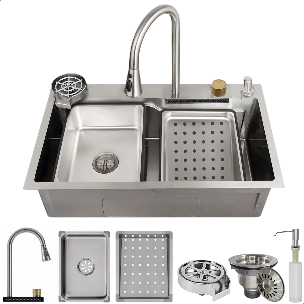 Cuba Pia Gourmet Cascata Completa Inox 304 Com Torneira Monocomando E Lavador De Copos Escovada