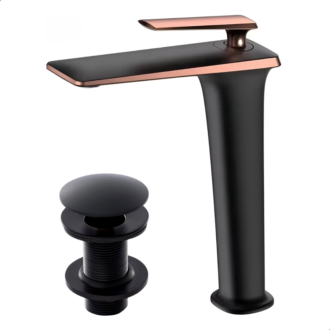 Kit Torneira Monocomando Petra Alta Preto/rose + Válvula Click 7/8 Preta
