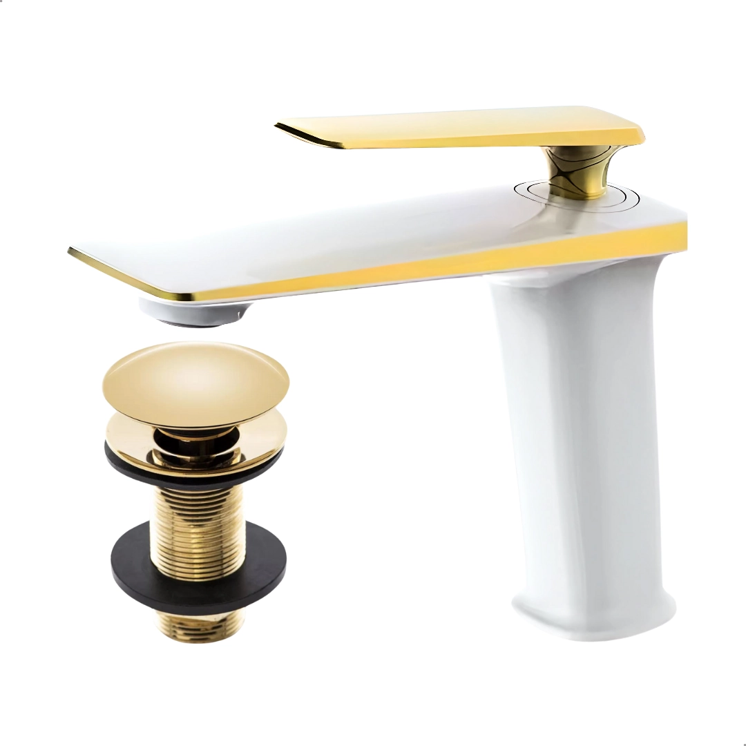 Kit Torneira Monocomando Petra Baixa Branco/gold + Válvula Click 7/8 Gold