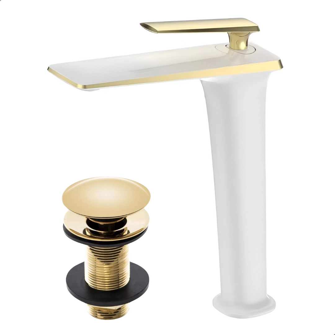 Kit Torneira Monocomando Petra Alta Branco/gold + Válvula Click 7/8 Gold