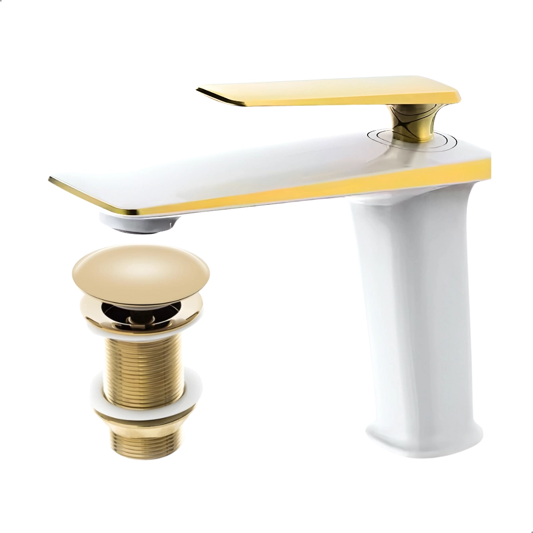 Kit Torneira Monocomando Petra Baixa Branco/gold + Válvula Click 1.1/4 Gold