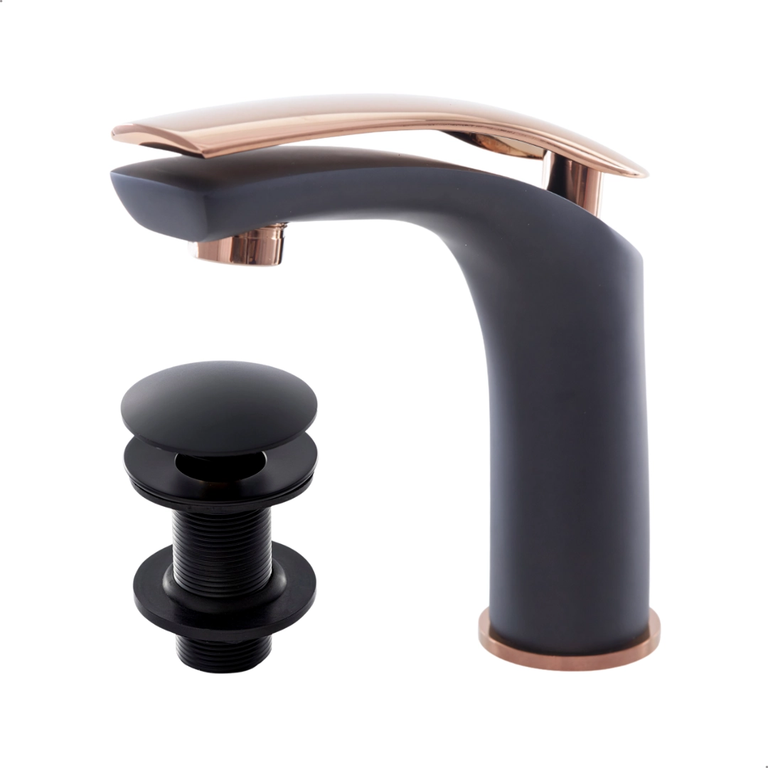 Kit Torneira Pia Gourmet Monocomando Tigris Bica Baixa Preto/rose + Válvula Click Ralo Inteligente 7/8 Preta