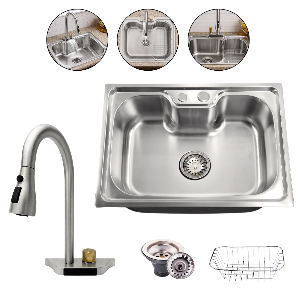 Cuba Para Pia Cozinha Gourmet Aço Inox 60x42cm Com Torneira Cascata Lavadora de Legumes Extensível Monocomando Completa
