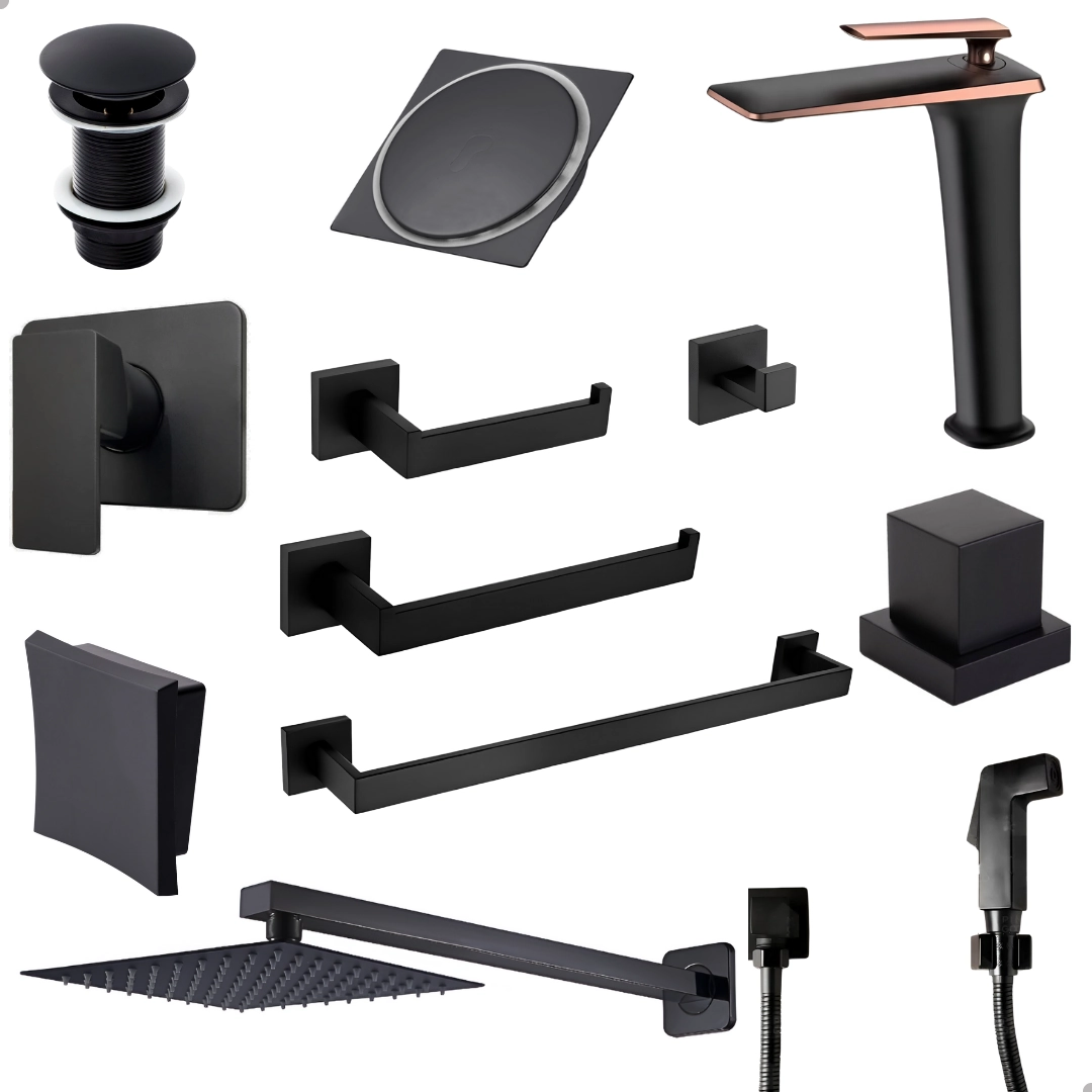 Banheiro Luxo Preto Fosco Completo Deca Torneira Petra Alta 1.1/4 - Soft Inox