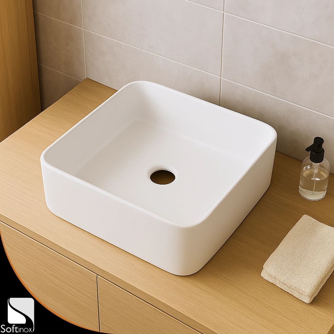 Cuba Pia De Apoio Quadrada 38x38cm Para Banheiro E Lavabo – Cerâmica Branca Brilhante, Design Moderno E Resistente