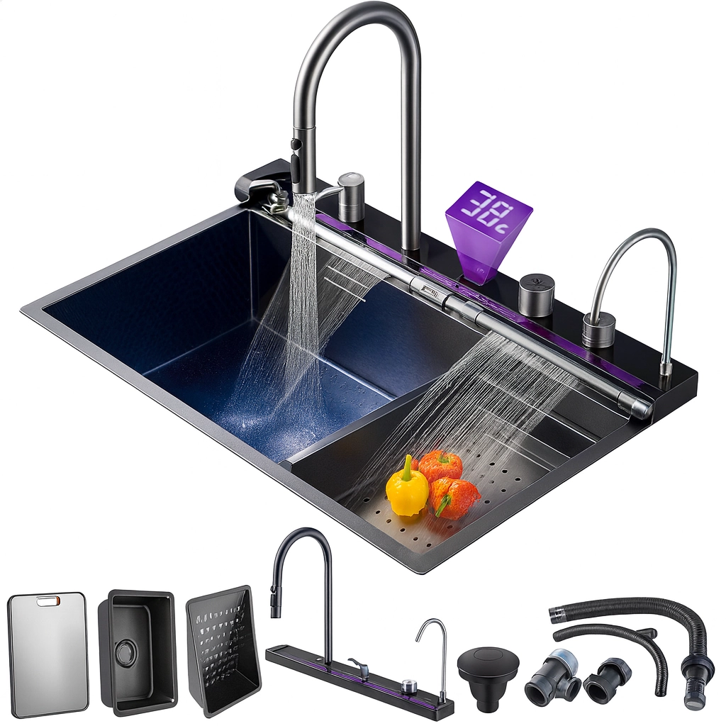 Cuba Cozinha Pia Multifuncional Cascata Premium Inteligente Em Inox 304 75x46cm Completa Com Torneira E Acessórios