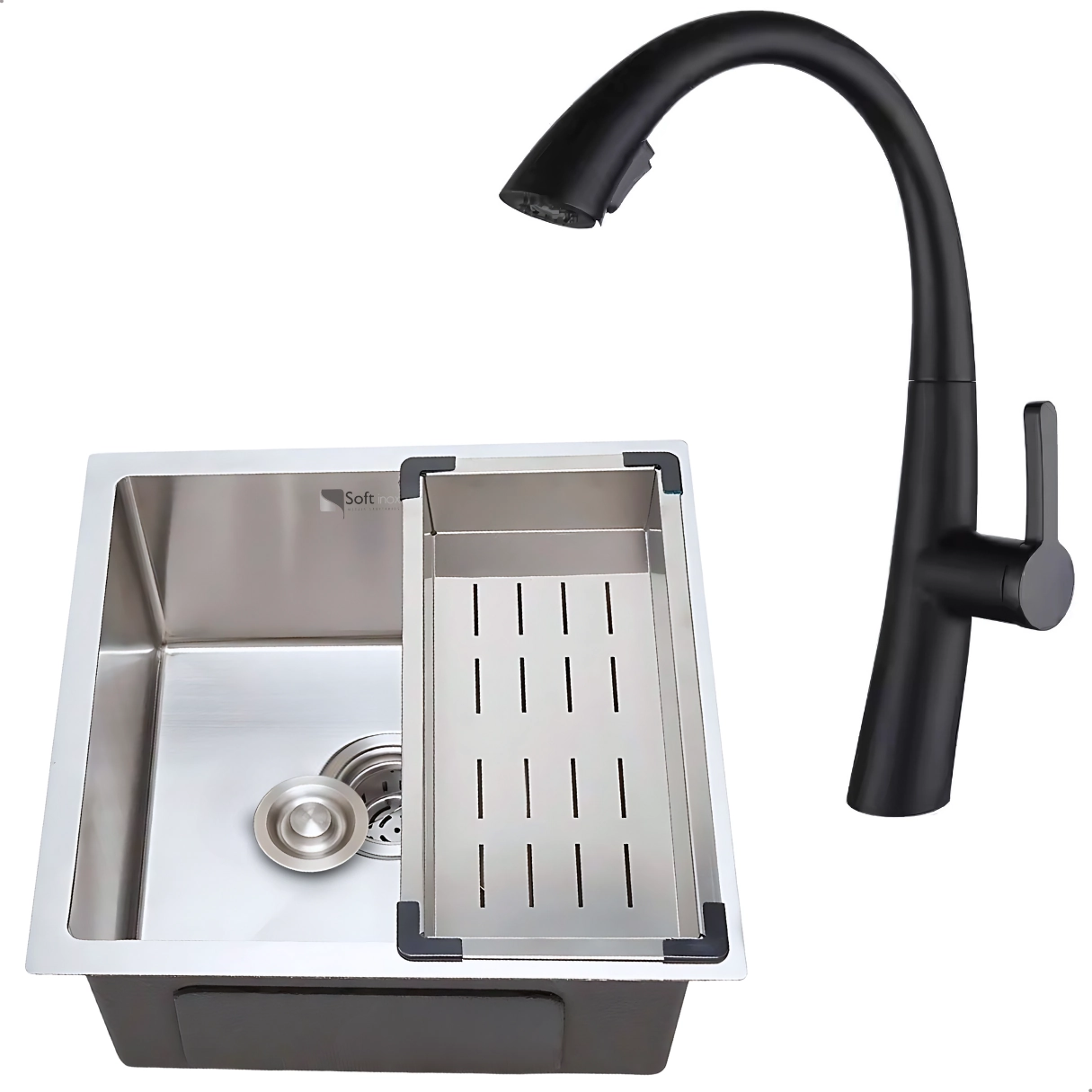 Kit Cuba Cozinha Gourmet Quadrada 44x44 Inox 304 Escovada Completa Com Torneira Monocomando Extensora