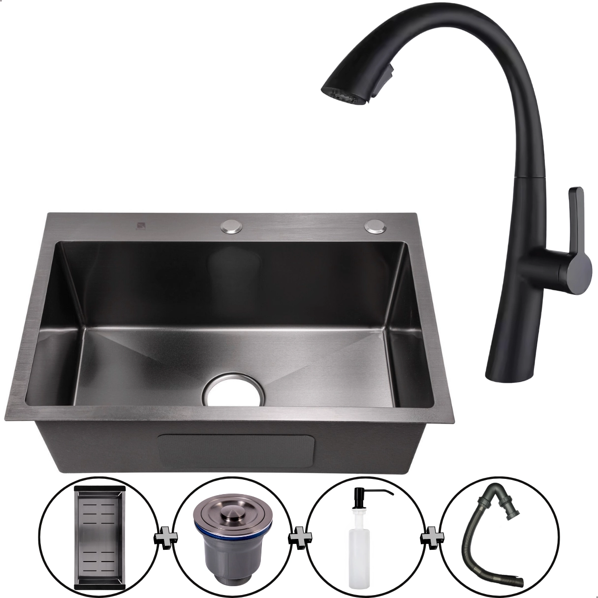 Kit Cuba Cozinha Gourmet Quadrada 60x45 Inox 304 Black Completa Com Torneira Monocomando Extensora