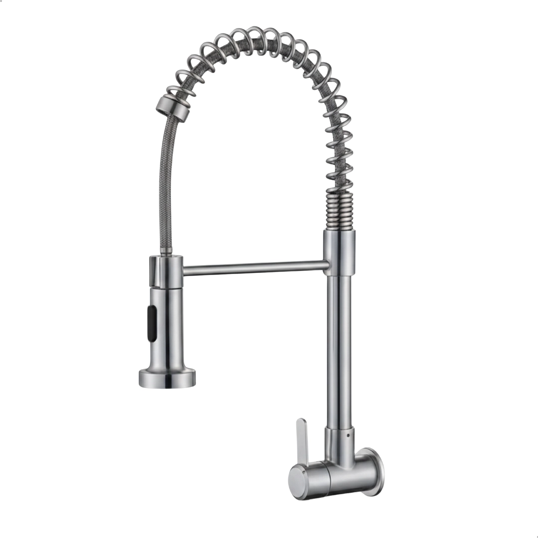 Torneira Gourmet Escovada De Parede Para Cozinha Em Inox Flexível 2 Jatos — Torneira 1/4 De Volta Bica Giratória 360° Me