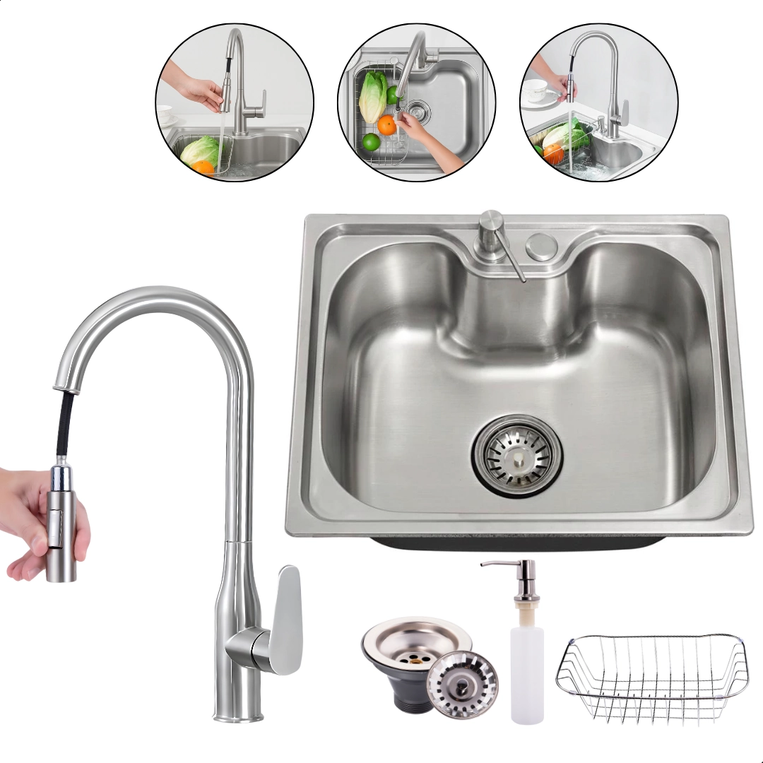 Cuba Inox 50x40 Escovada Cozinha Com Torneira Gourmet Monocomando 2 Jatos, Embutir Ou Sobrepor – Kit Cozinha Premium