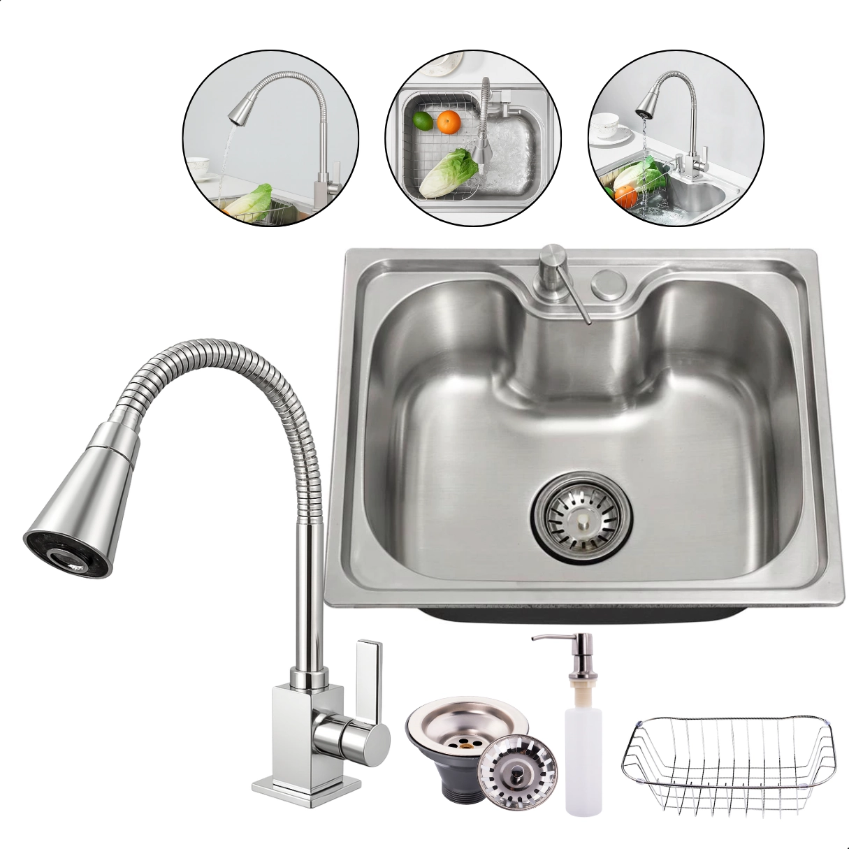 Kit Cuba Pia Cozinha Inox 50x40cm Luxo Escovada Completa Com Acessórios E Torneira Gourmet Cone Quadrada