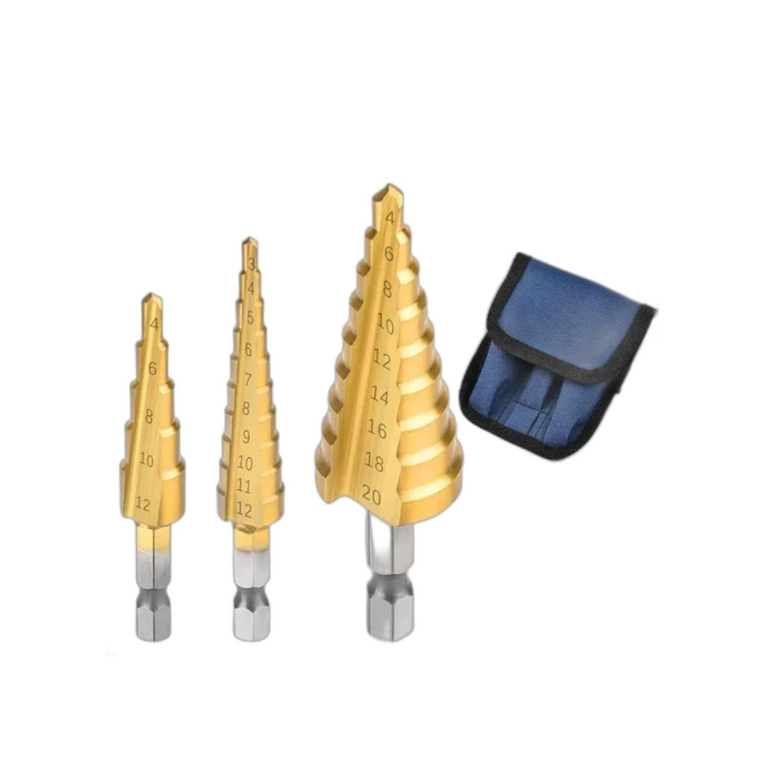 Brocas Escalonada Titânio P/ Aluminio Ferro Madeira Cobre Pvc C/ Estojo Bom-5020 Jogo 3 Pcs