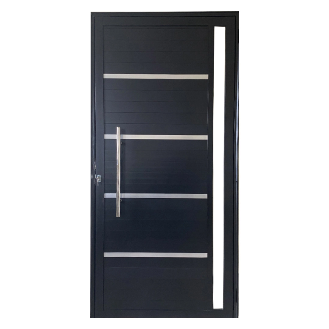 Porta Pivotante De Alumínio Preto Com Puxador, Friso E Visor Linha 25 Lado:direita; Medidas: 210 X 120