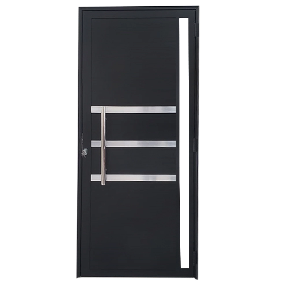 Porta De Alumínio Lambril Preto Com Puxador, Friso E Vidro Linha 25 - Dc Lado:esquerda; Medidas: 210 X 90