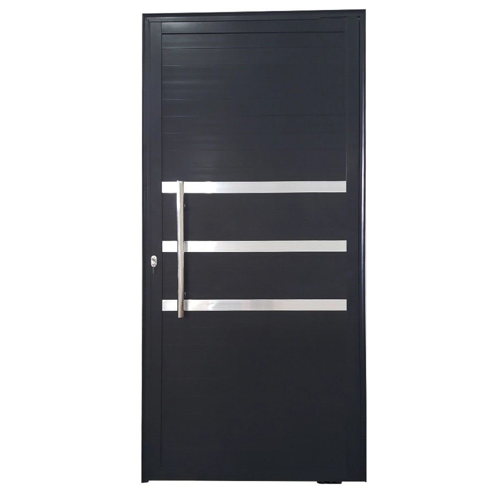 Porta De Alumínio Pivotante Preto Com Puxador E Friso Linha 25 - Dc Lado:direita; Medidas: 210 X 100