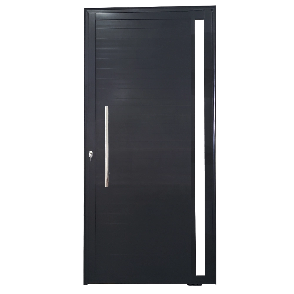 Porta De Alumínio Pivotante Preto Com Puxador E Vidro Linha 25 - Dc Lado:direita; Medidas: 210 X 100