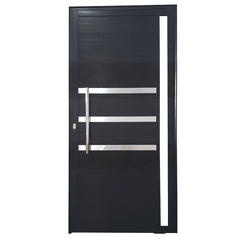 Porta De Alumínio Pivotante Preto Com Puxador, Friso E Vidro Linha 25 - Dc Lado:esquerda; Medidas: 210 X 100