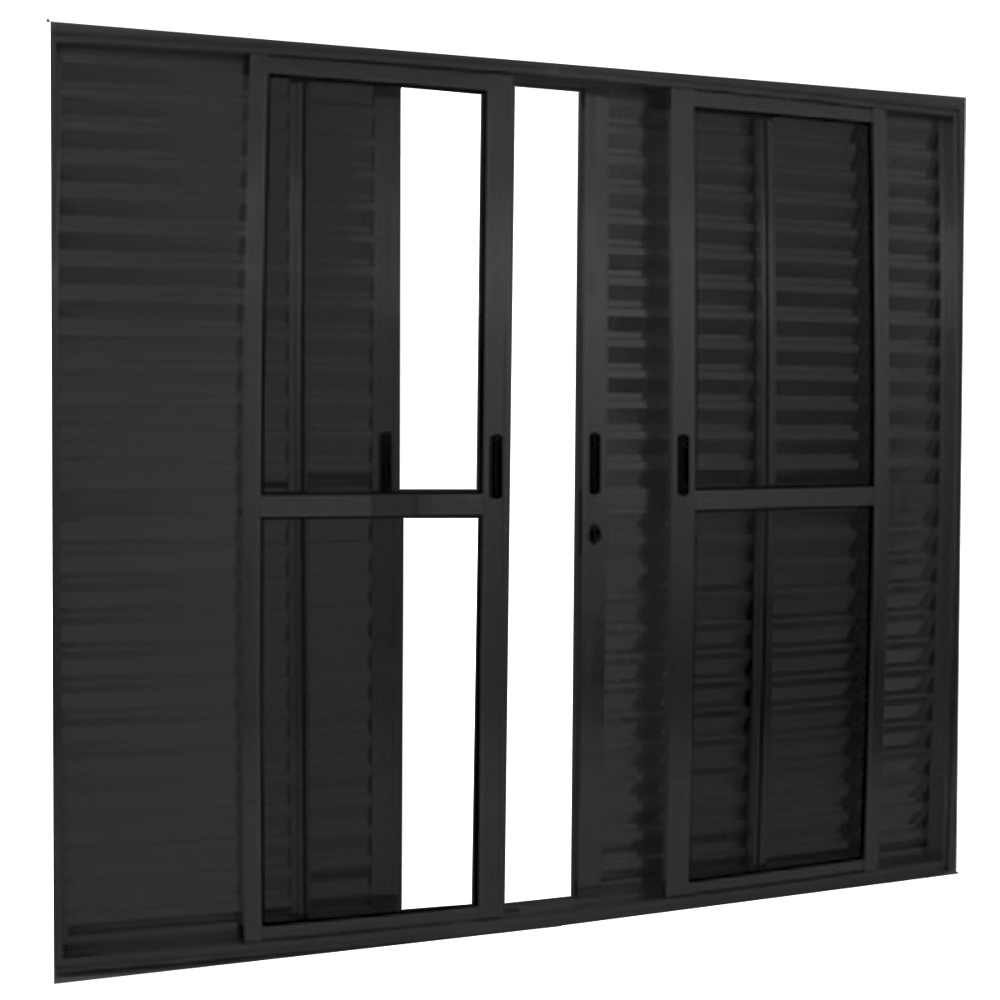 Porta De Alumínio Balcão 6 Folhas Preta Linha 25 Com Fechadura - Dc Medida:210 X 180