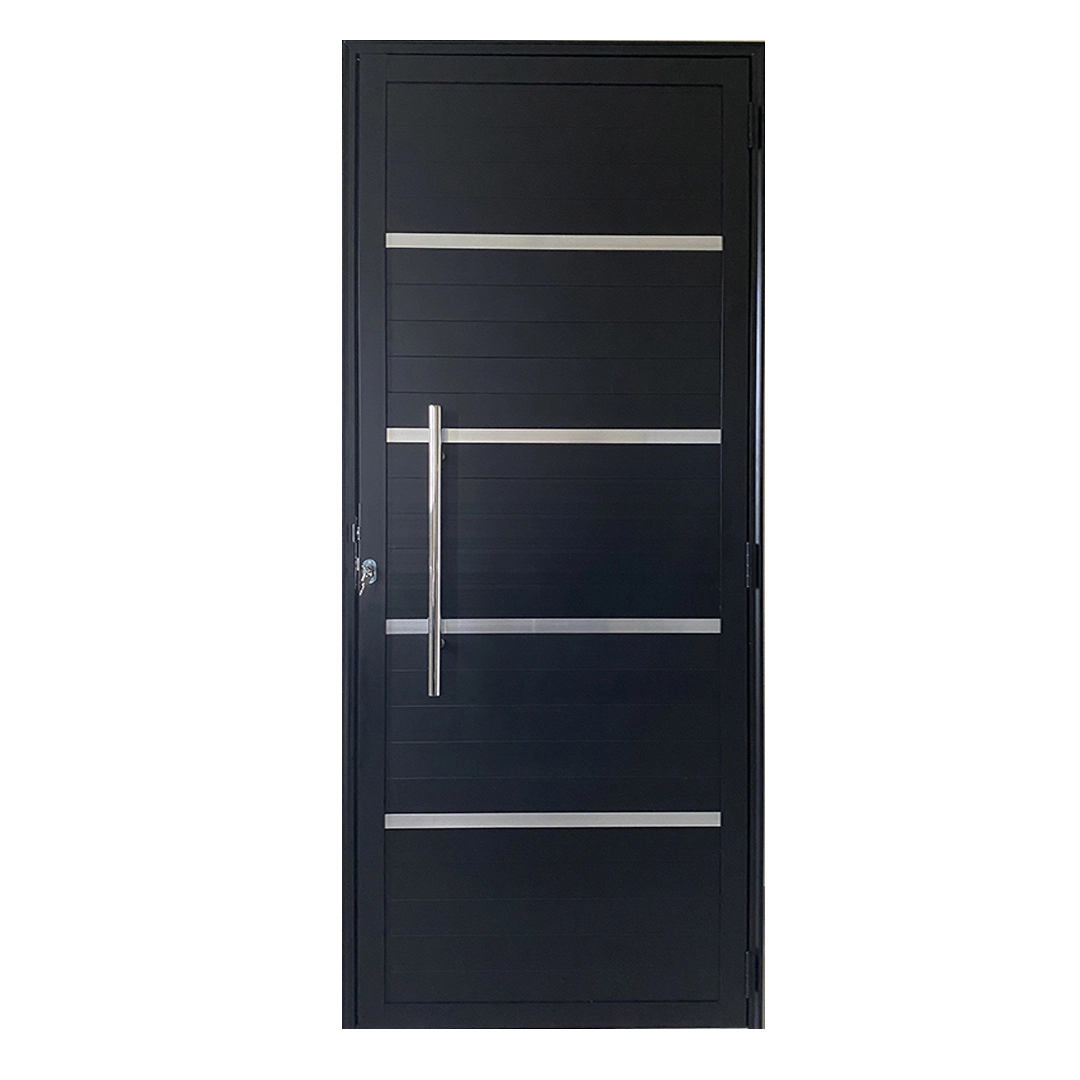 Porta De Alumínio Lambril Preto Com Puxador, Friso E Vidro Linha 25 - Dc 210 X 90