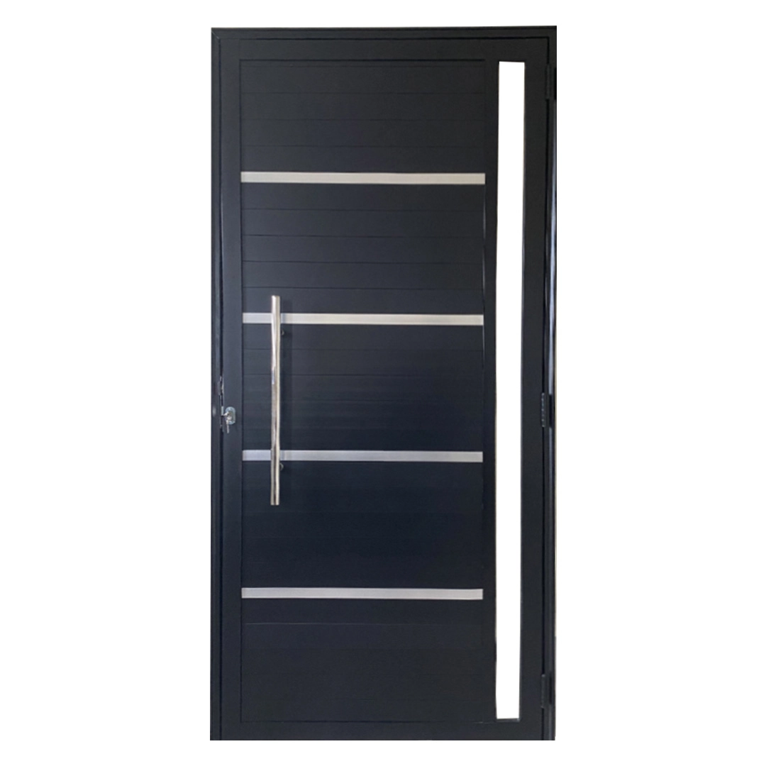 Porta De Alumínio Lambril Preto Com Puxador, Friso E Vidro Linha 25 - Dc 210 X 90