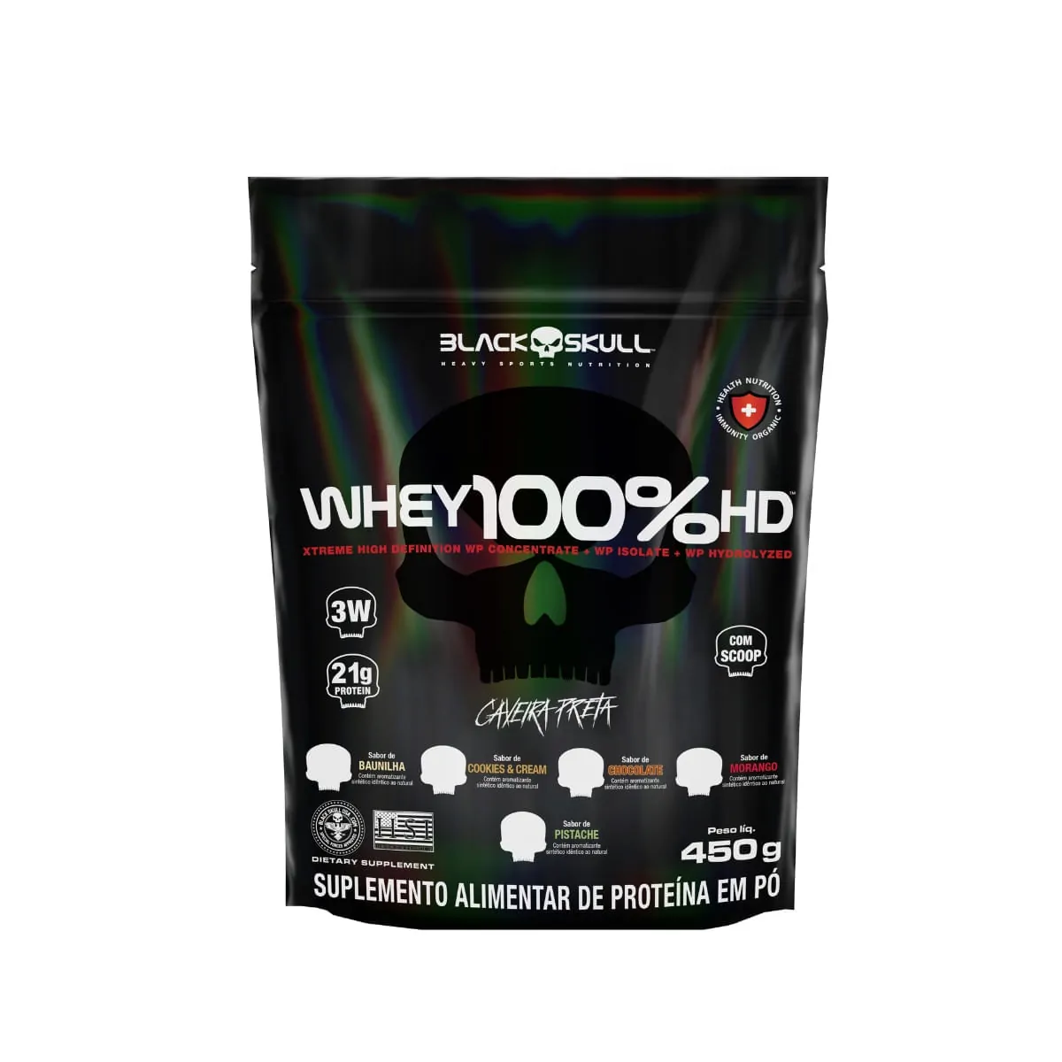 WHEY 100% HD REFIL BLACK SKULL - 450G (WPC, WPI E WPH) - REFIL WHEY 100% HD PISTACHE 450G