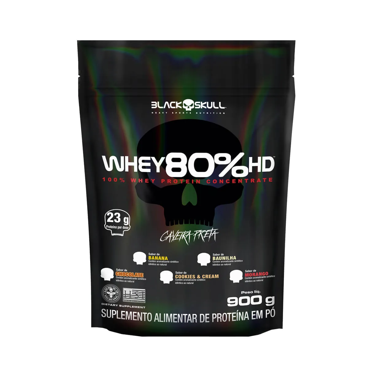 Whey Protein Concentrado 80% HD - Refil 900G - Caveira Preta - Whey 80% HD – Cookies