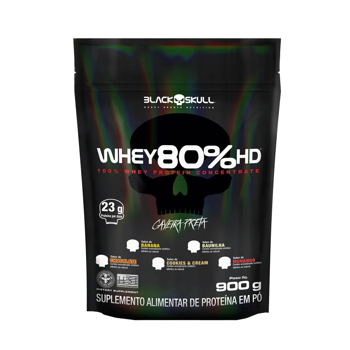 Whey Protein Concentrado 80% HD - Refil 900G - Caveira Preta - Whey 80% HD – Morango