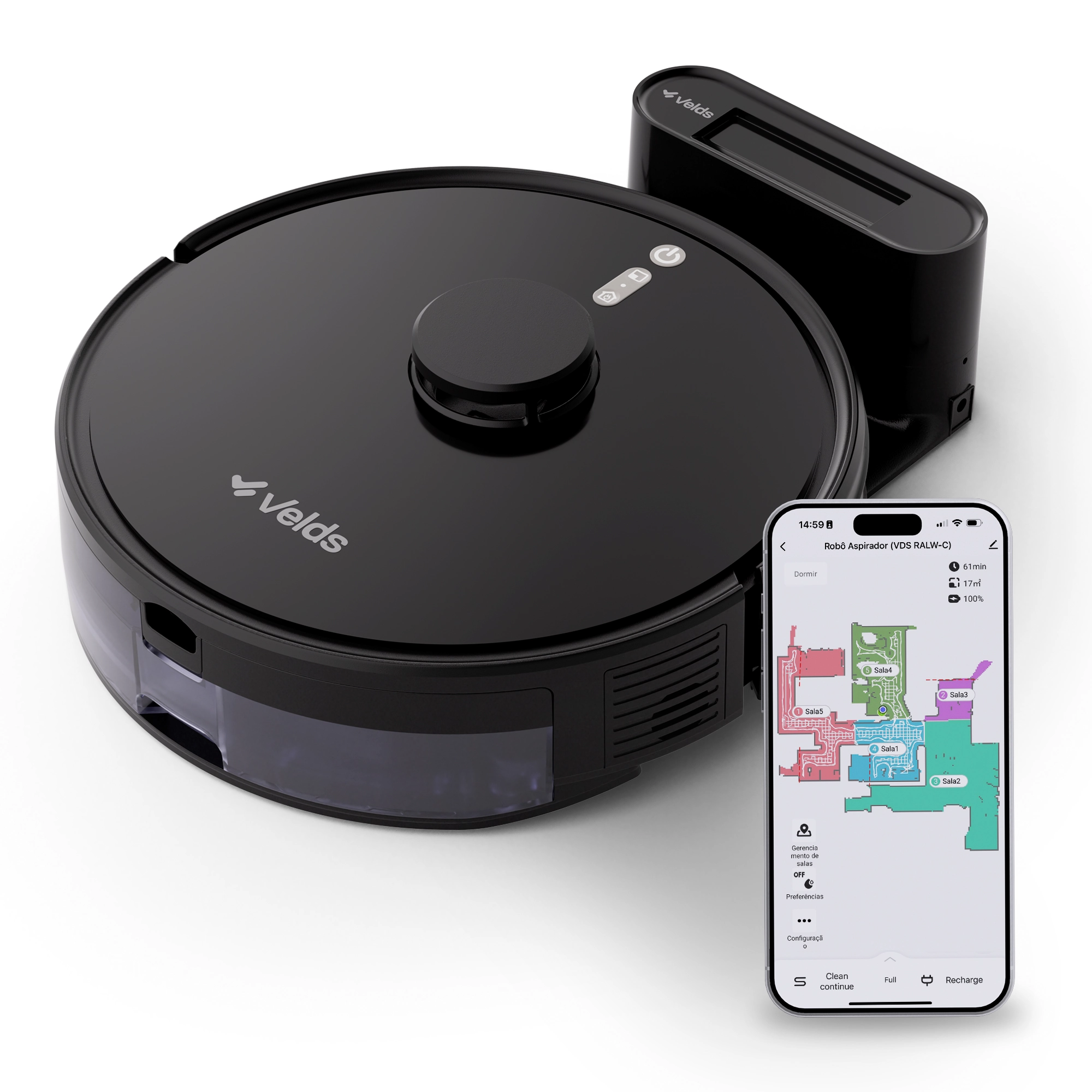 Robô Aspirador De Pó Velds, 3 Em 1 - Varre Aspira E Passa Pano Com Mapeamento Via App E Sensor Antiqueda, Preto
