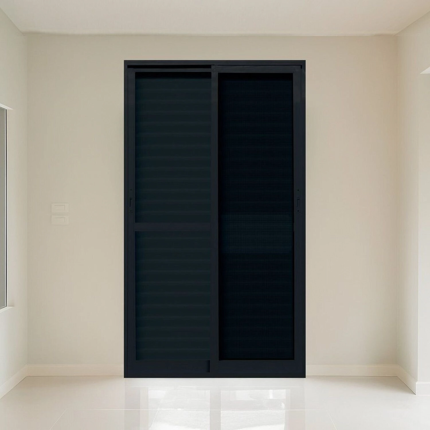 Porta Veneziana Com Tela Mosquiteira 200cm X 215cm Vidro Temperado 6cm Fábrica Do Alumínio Preto
