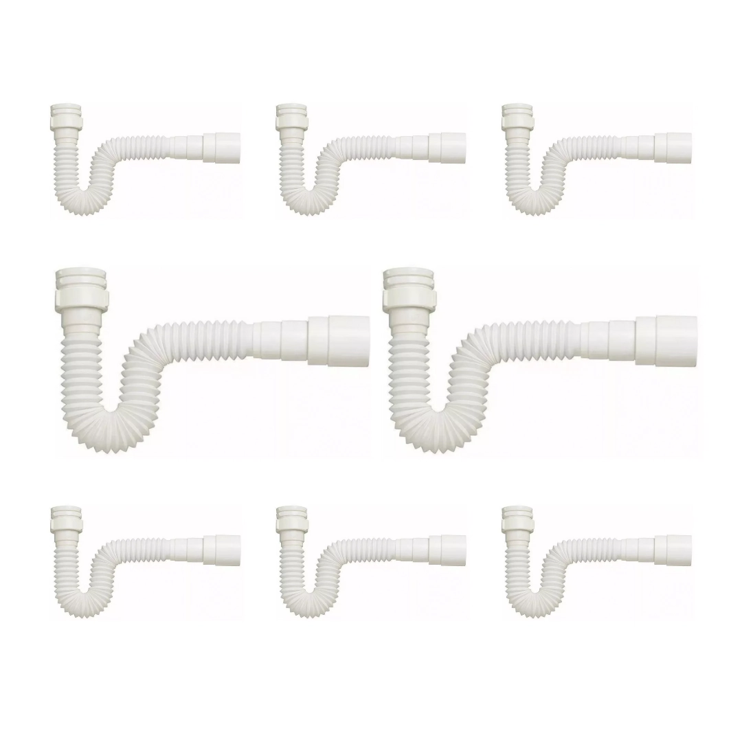 Kit 8 Sifão Sanfonado Branco Cozinha Pia Banheiro Tanque