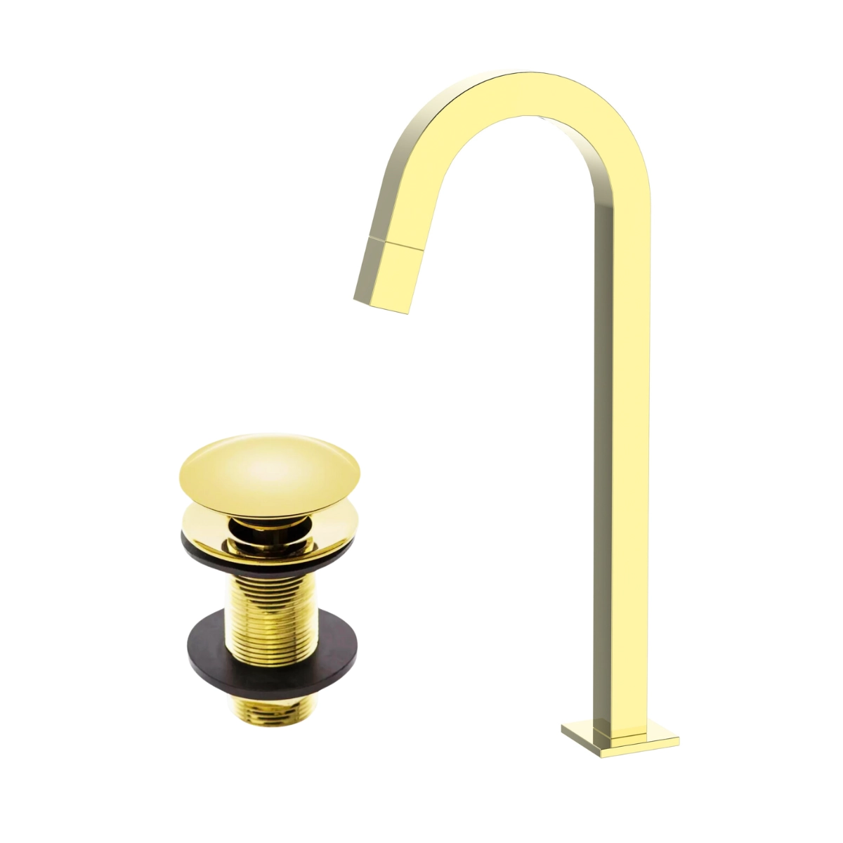 Kit Torneira bica alta Lavatório Banheiro Lavabo Quadrada 1/4v + Válvula click pop up 7/8 Dourada Gold Premium PMX