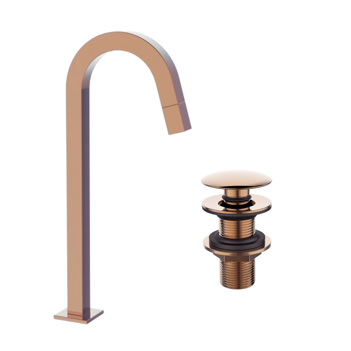 Kit Torneira Lavatório Banheiro Lavabo Luxo Quadrada 1/4v bica alta + Válvula click 7/8 Rose-Gold Metal Premium PMX