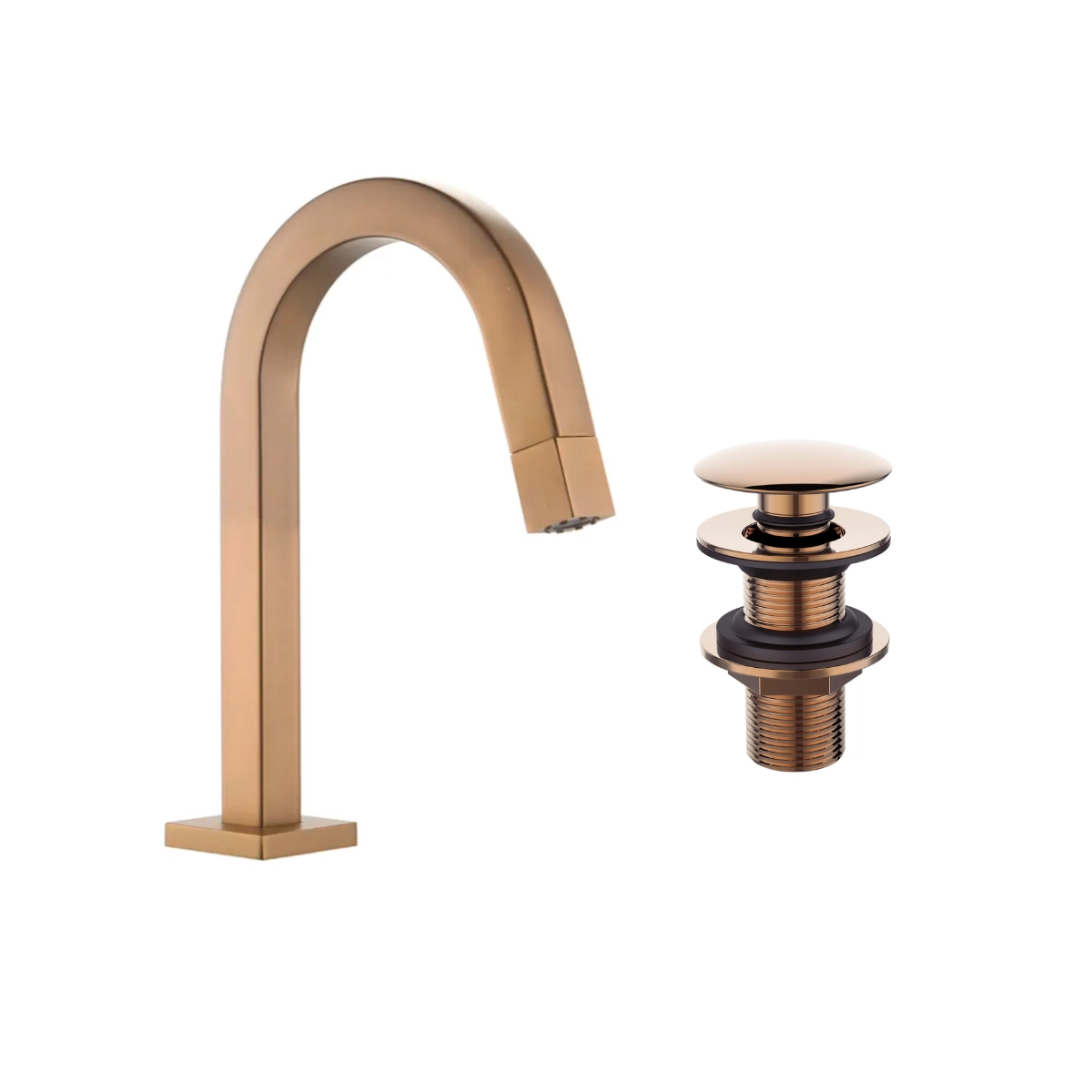 Kit Torneira Lavatório Banheiro Lavabo Quadrada 1/4v bica média baixa + Válvula click 7/8 Rose-Gold Metal Premium PMX