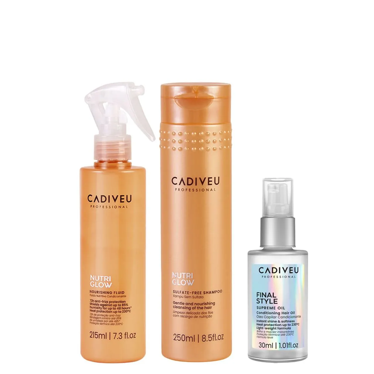 Kit Cadiveu Nutri Glow Shampoo 250ml + Fluído 215ml + Óleo Capilar Final Style Multibenefícios 30ml