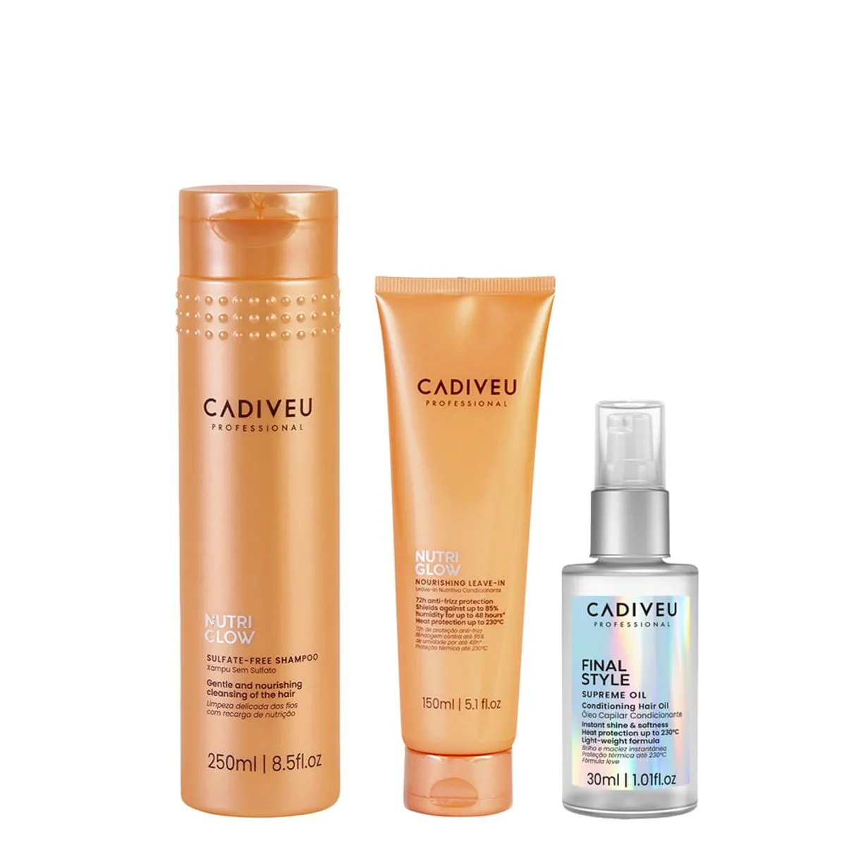 Kit Cadiveu Nutri Glow Shampoo 250ml + Óleo Capilar Final Style Multibenefícios 30ml + Leave-In 150m